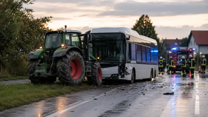 Zusammenstoß zwischen Traktor und Linienbus auf der B2 bei Mammendorf — Auf der B2 in Richtung Fürstenfeldbruck sind am Donnerstagabend ein Traktor und ein Linienbus zusammengestoßen. Mehrere Personen wurden nach Angaben der Feuerwehr Mammendorf l...