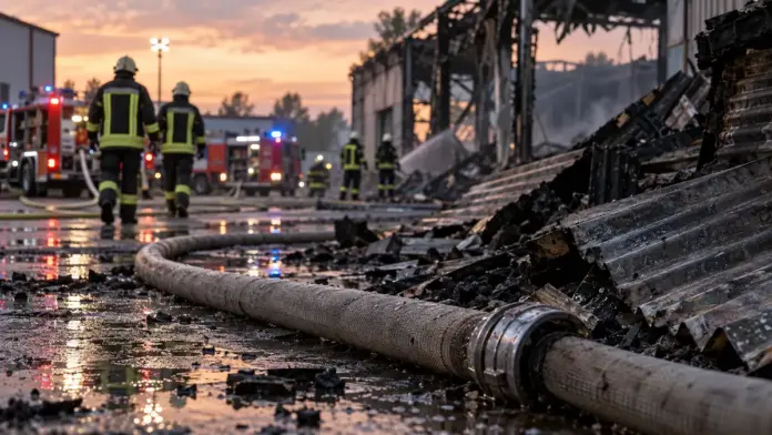 Zwei Lagerhallen in Vilgertshofen niedergebrannt — In Vilgertshofen sind zwei Lagerhallen eines Souvenirherstellers vollständig ausgebrannt. Verletzt wurde niemand, der Schaden liegt bei rund 1,5 Millionen Euro. | Quelle: Polizei Präsidium Oberbay...