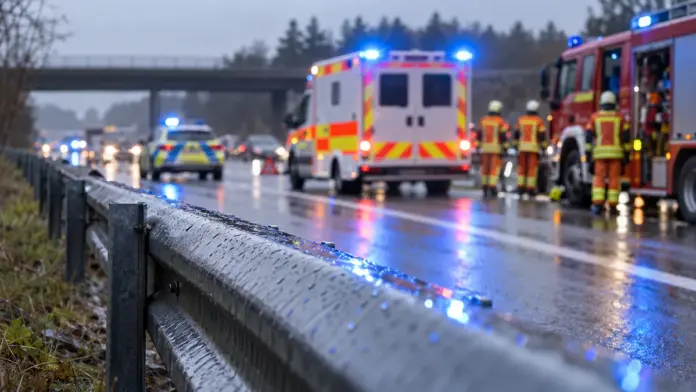 Zwei Tote nach Busunfall auf der A96 bei Landsberg — Ein Reisebus ist am Sonntagmorgen auf der A96 zwischen Buchloe-Ost und Landsberg am Lech-West verunglückt. Zwei Fahrgäste starben, mehrere weitere Personen wurden schwer verletzt. | Quelle: Poli...