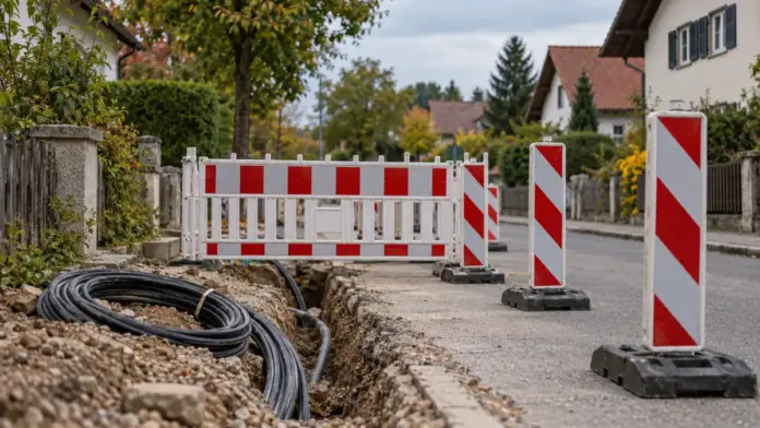 KI-generiertes Symbolbild: Bahnhofstraße in Grafrath ab 2. November gesperrt — Wegen Kabelarbeiten wird die FFB 6 in Grafrath voraussichtlich vom 2. bis 6. November voll gesperrt. Die Buslinien 804 und 805 fahren Umleitungen; zwei Haltestellen entfallen. | Quelle: Landratsa...