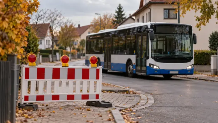 KI-generiertes Symbolbild: Bus 860 fährt am 5. November eine Umleitung — Wegen einer Vollsperrung der Feldstraße wird die Buslinie 860 am Donnerstag, 5. November, von 9 bis 12 Uhr umgeleitet. Die Haltestellen Feldstraße und Pfarrstraße entfallen; Fahrgäste können Olching (S...