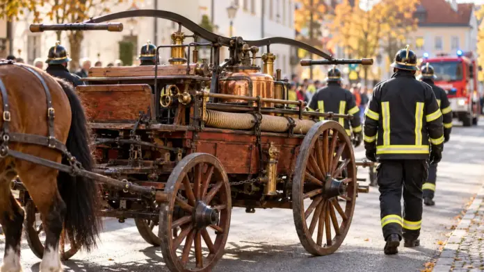 KI-generiertes Symbolbild: Feuerwehr sichert den Leonhardiritt — Die Freiwillige Feuerwehr Fürstenfeldbruck begleitete den Leonhardiritt am vergangenen Samstag. Eine historische Handdruckspritze fuhr im Festzug mit, während Einsatzkräfte die Strecke absicherten. | Quelle: F...