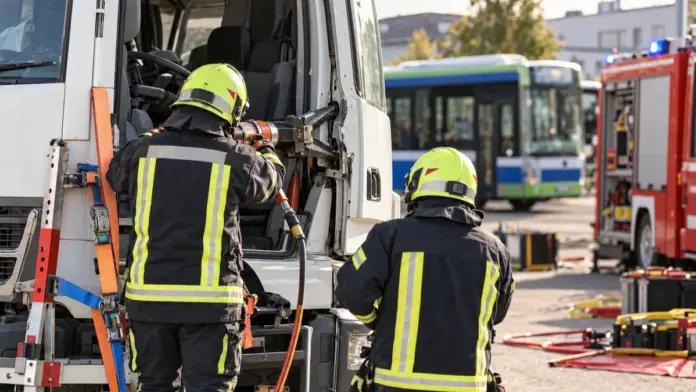 KI-generiertes Symbolbild: Feuerwehr trainiert Rettung aus Lkw und Elektrobussen — Die Freiwillige Feuerwehr Fürstenfeldbruck übte die technische Rettung bei Unfällen mit Lastkraftwagen und Bussen. Im Mittelpunkt standen unter anderem das Sichern einer Lkw-Kabine und der Um...
