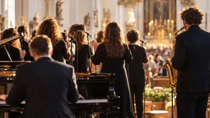 KI-generiertes Symbolbild: Gospelkonzert der Voices: Spende für die „Randerscheinungen“ — Die Voices begeisterten ihr Publikum beim Herbstkonzert in der vollbesetzten Kirche Mariä Himmelfahrt in Türkenfeld. Ein Teil des Konzerterlöses geht an den Landsberger Verein „Randers...