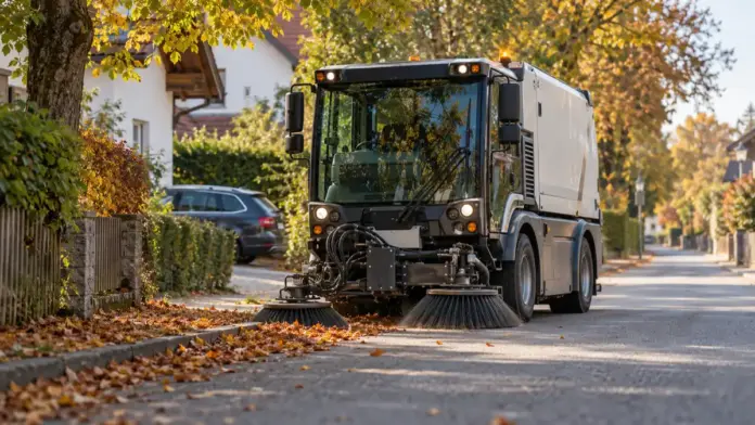 KI-generiertes Symbolbild: Kehrmaschine kommt Mitte November nach Schöngeising — Vom 16. bis 19. November ist die große Kehrmaschine des Landkreises in Schöngeising unterwegs. Die Gemeinde bittet darum, Fahrzeuge möglichst auf privaten Stellplätzen oder in Garagen abzustell...