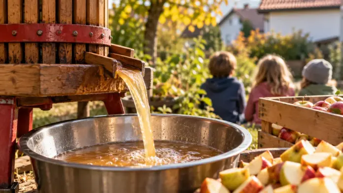 KI-generiertes Symbolbild: Kindergarten Sumsemann erlebt das Mosten aus nächster Nähe — Kinder verfolgten, wie der Obst- und Gartenbauverein Türkenfeld aus Äpfeln Saft presste. Eltern hatten dafür Äpfel und Birnen gesammelt. | Quelle: Gemeinde Türkenfeld
