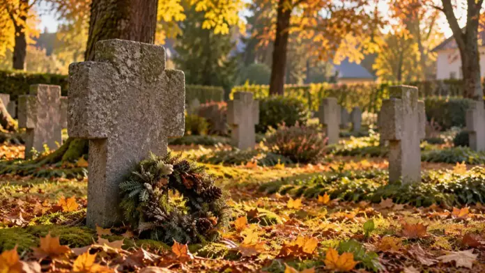 KI-generiertes Symbolbild: Kriegsgräberfriedhof vom 31. Oktober bis 2. November geöffnet — Der Kriegsgräberfriedhof an der Lagerstraße 97 ist an diesen Tagen jeweils von 9 bis 17 Uhr zugänglich. Am 1. November findet dort um 15 Uhr eine Gedenkfeier statt. | Quelle: Stadt Pu...