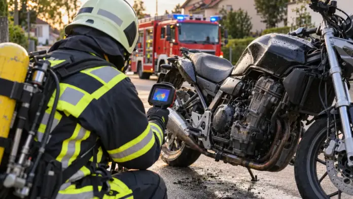 KI-generiertes Symbolbild: Motorradbrand in der Anzengruberstraße gelöscht — Der Halter dämmte das Feuer am Motorradmotor mit Feuerlöschern ein. Die Feuerwehr Olching löschte unter Atemschutz nach und kontrollierte Motorrad und angrenzendes Gebäude. | Quelle: Freiwillige Fe...
