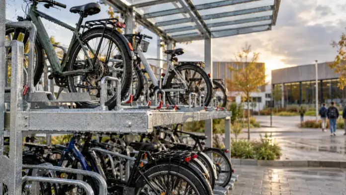 Neue Fahrradabstellanlagen am Gymnasium Gröbenzell fertiggestellt — Am Gymnasium Gröbenzell sind zwei neue Fahrradabstellanlagen fertiggestellt worden. Insgesamt stehen auf dem Schul- und Sportgelände nun rund 380 neu geschaffene Stellplätze zur V...
