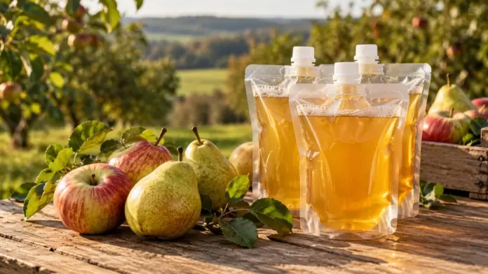 KI-generiertes Symbolbild: Obst- und Gartenbauverein bietet Saft aus Äpfeln und Birnen an — Der Obst- und Gartenbauverein bietet pasteurisierten Saft aus heimischen Äpfeln und Birnen in 3- und 5-Liter-Beuteln an. Bestellungen sind bei Ulrike Böhme, Barbara Clauß oder einem ...