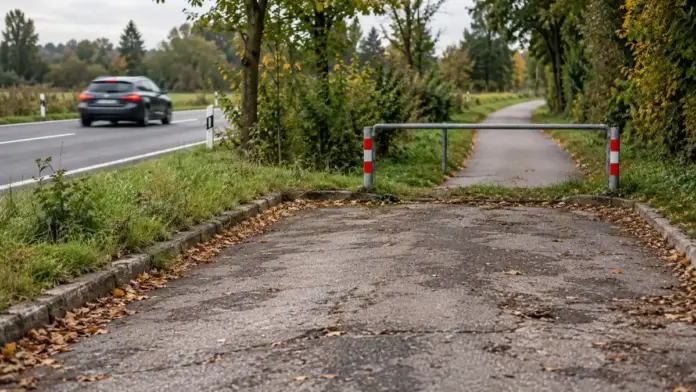 KI-generiertes Symbolbild: Parkplatz an der B 2 wird dauerhaft geschlossen — Der Parkplatz zwischen der Einmündung in die B 471 und der Weidenstraße bleibt geschlossen. Die Fläche soll künftig auch die Geh- und Radwegverbindung verbessern. | Quelle: Stadt Fürstenfeldbruck