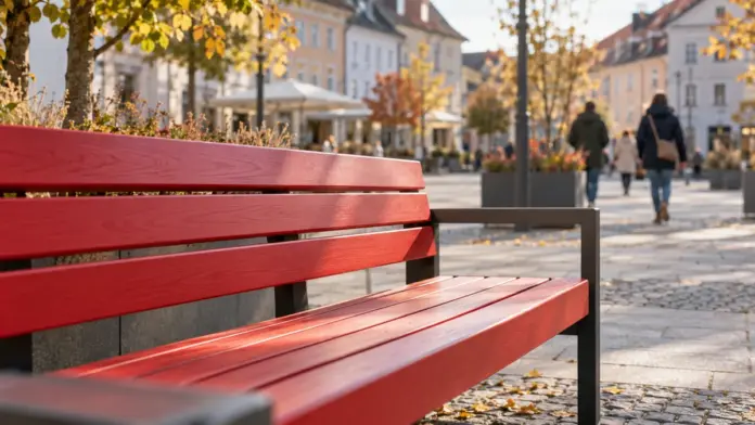 KI-generiertes Symbolbild: Rote Bank wird dauerhaft in Fürstenfeldbruck aufgestellt — Am 25. November wird auf dem Geschwister-Scholl-Platz eine Rote Bank eingeweiht. Sie soll auf Gewalt gegen Frauen aufmerksam machen und Betroffenen den Zugang zu Hilfsangeboten erleichtern...