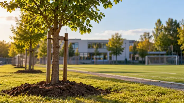 KI-generiertes Symbolbild: Rund 20 Bäume für mehr Schatten an der Schule — Ende Oktober wurden auf dem Gelände der Grund- und Mittelschule rund 20 Bäume gepflanzt. Für die Maßnahme erhält die Gemeinde über 15.000 Euro aus einem KfW-Förderprogramm. | Quelle: Gemeinde Türkenfeld
