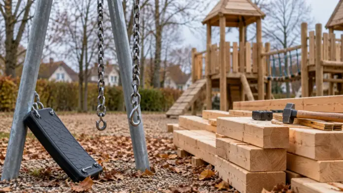 KI-generiertes Symbolbild: Spielplatz an der Heinzingerstraße geht in die Winterpause — Der große Spielplatz im Ortszentrum von Gernlinden schließt ab dem 2. November. Während der Winterpause wird eine Ritterburg als neues Spielgerät eingebaut. | Quelle: Stadt Maisach