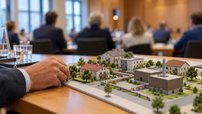 KI-generiertes Symbolbild: Stadtrat berät über Wärmeplanung, Jugendbeirat und Energieversorgung — Der Stadtrat unterstützte das weitere Vorgehen bei der Standortsuche der Zukunftswärme M West GmbH und berief den Jugendbeirat für die Amtsperiode 2026 bis 2028. Zudem beschlos...