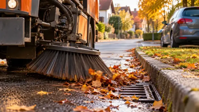 KI-generiertes Symbolbild: Straßenkehrung im Herbst: Gullys werden gereinigt — Von Montag, 9., bis Donnerstag, 12. November, werden Straßen gekehrt und Gullys gereinigt. Die Gemeinde bittet darum, zuvor die Bürgersteige abzukehren und an den Tagen nicht über Gullys oder Str...