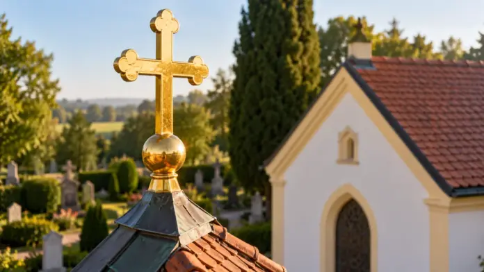 KI-generiertes Symbolbild: Türkenfelder Aussegnungshalle nach Sanierung wieder geöffnet — Seit 2024 hat die Gemeinde die Aussegnungshalle auf dem Türkenfelder Friedhof innen und außen instand setzen lassen. Die Arbeiten kosteten rund 35.000 Euro; die Halle steht nun wieder ...