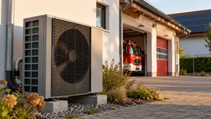 KI-generiertes Symbolbild: Wärmepumpe soll alte Ölheizung im Feuerwehrhaus Zankenhausen ersetzen — Die mehr als 30 Jahre alte Ölheizung fällt häufig aus und soll durch eine Luft-Wasser-Wärmepumpe ersetzt werden. Die Investition liegt bei rund 90.000 Euro; mit etwa 20.000 Eu...