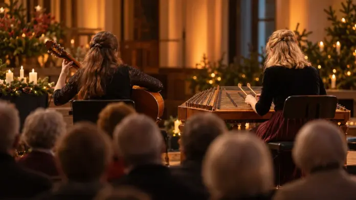 KI-generiertes Symbolbild: Weihnachtskonzert für Senioren mit Gitarre und Hackbrett — Das Duo EinsDreiAcht gestaltet am 5. Dezember den adventlichen Konzertnachmittag im Stadtsaal des Veranstaltungsforums Fürstenfeld. Der Eintritt ist frei, eine Karte ist erforderlich. | Qu...
