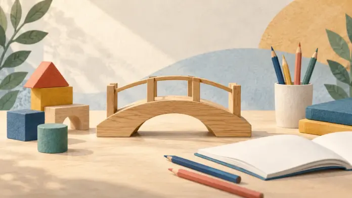 Illustration einer kleinen Holzbrücke zwischen Lernbausteinen, Stiften und einem offenen Heft.
